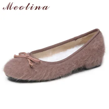 

Meotina Ballet Flats Shoes Women Warm Wool Bow Flat Loafers Shoes Bow Casual Slip on Round Toe Boat Shoes Ladies Gray Size 34-39