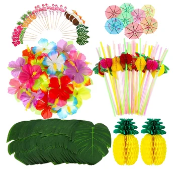 

188 Pcs Tropical Hawaiian Jungle Party Decoration Set Luau Party Supplies Decor Tropical Palm Leaves Silk Hibiscus Flowers for H