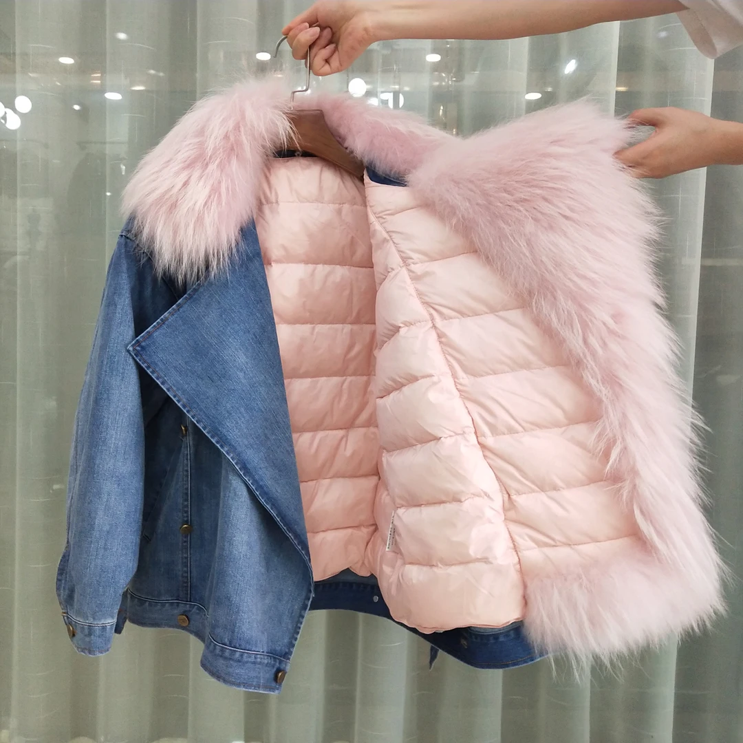 Abrigos mujer invierno2019 пуховик Верхняя одежда с меховым воротником из натурального енота и собаки зимнее пальто женская джинсовая куртка Толстая теплая одежда
