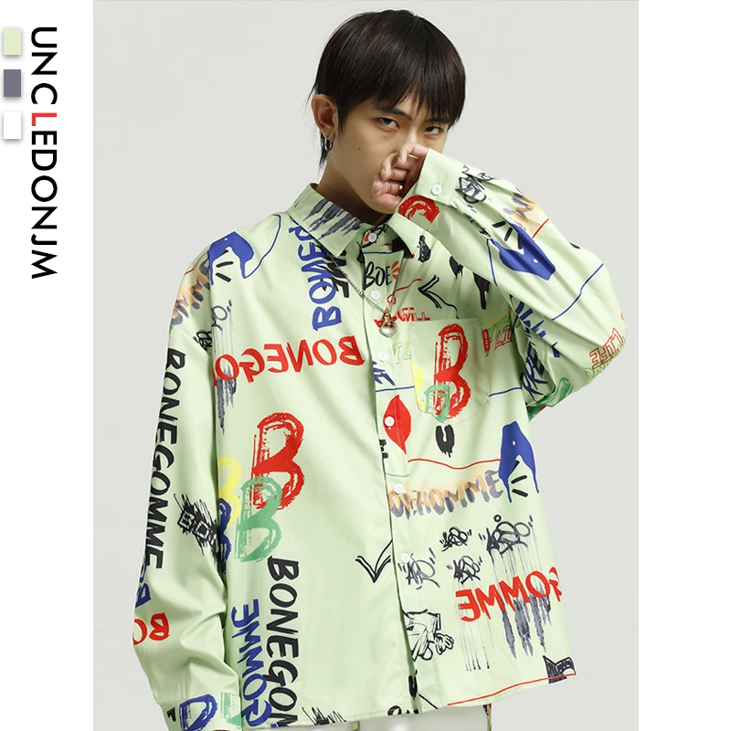 

UNCLEDONJM Hawaiian Blouse shirt Graffiti Printed Turn Down Collar Long Sleeve Casual Loose Shirt Men's Tops L1958