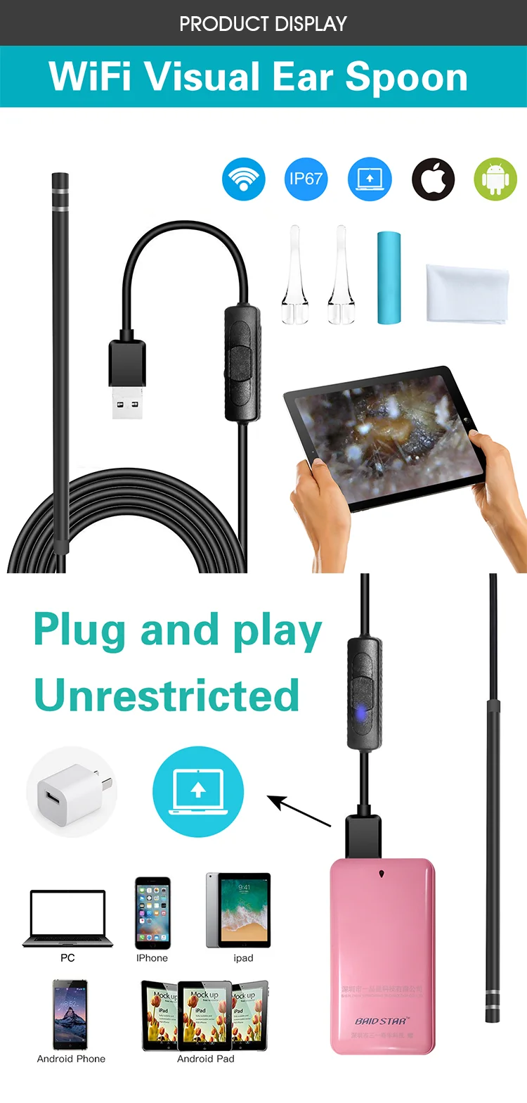 Visual Ear Spoon Otoscope Wifi micro ear endoscope Cleaning for high resolution cmos endoscope camera