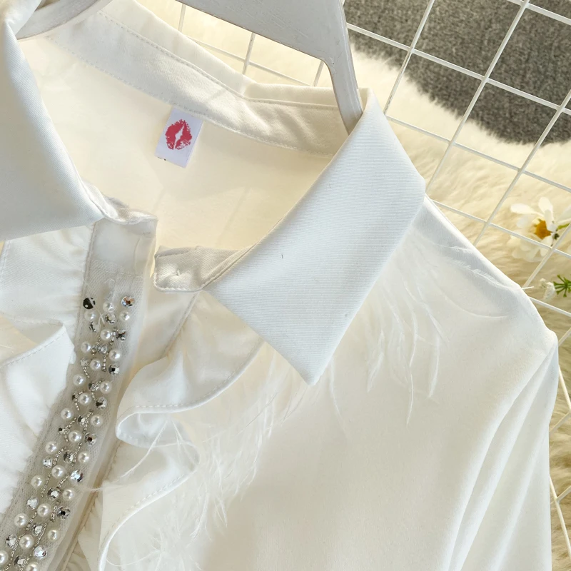 ALPHALMODA Весенняя женская модная блузка с отделкой бисером и оборками, женская рубашка черного и белого цвета с кисточками, трендовая Классическая рубашка