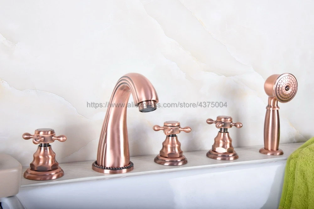 5 Pc Widespread Antique Red Copper Bathtub Sink Faucet Deck