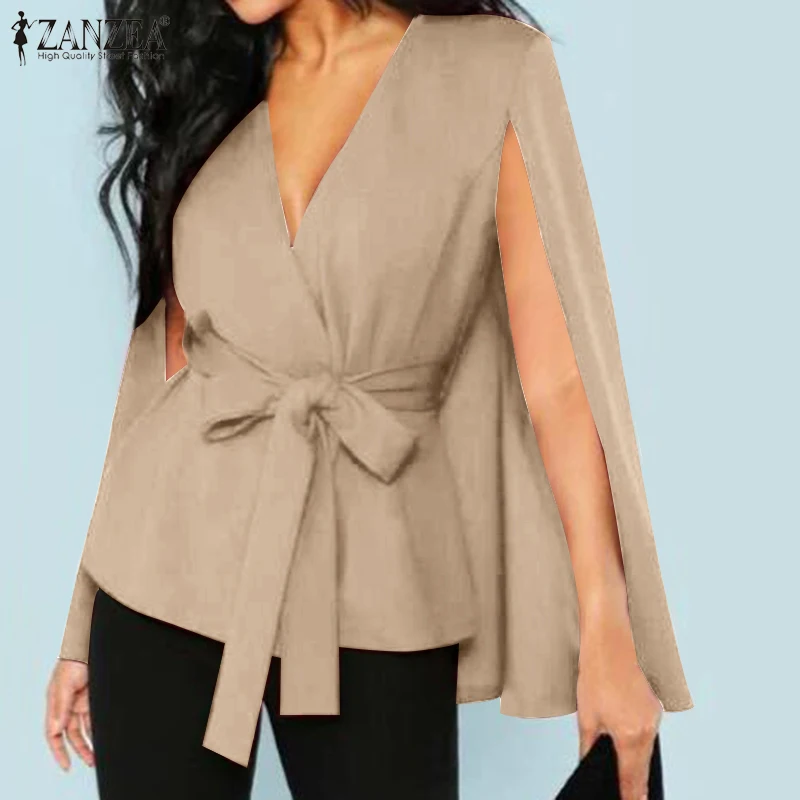 Ideal  V Neck with Belt Party Jackets ZANZEA Elegant Spring Fashion Solid Cape Coat Women Long Sleeve Over