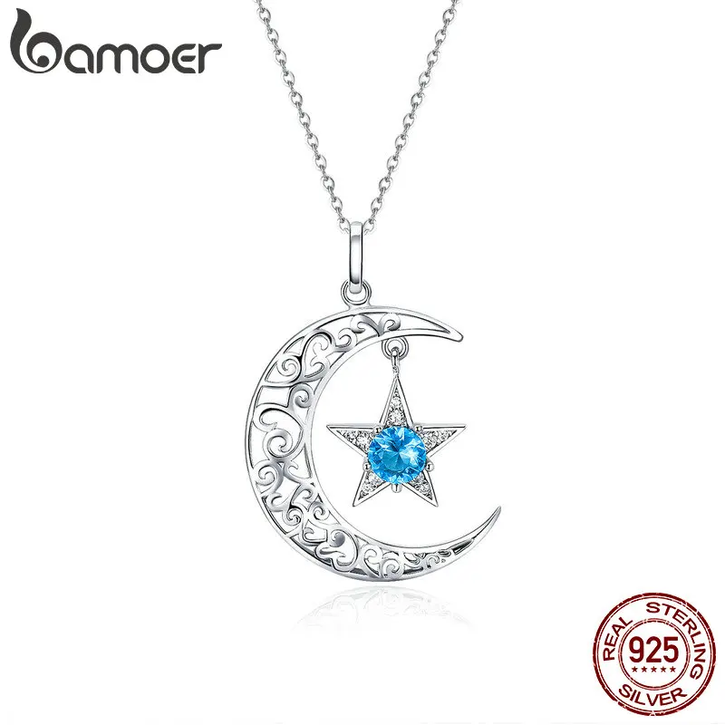 BAMOER романтическое 925 пробы Серебряное сверкающее ожерелье с Луной и звездой s подвески для женщин модное ожерелье ювелирное изделие подарок SCN278