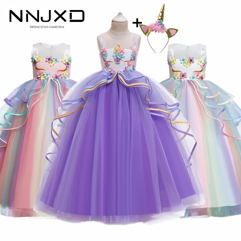 Rainbow Unicorn Cosplay Girl Dress Party Elegant Flower Lace Long Tutu Formal Ball Gown Princess Baby Dresses 5 7 8 12 14 Years | Детская