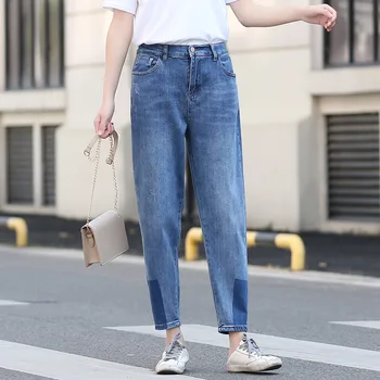 

Lady Jeans Spring Plus Size Harem Pants Women Stretch Denim Trousers Blue Female Leg Opening Panelled Jeans 2020 D6-5591