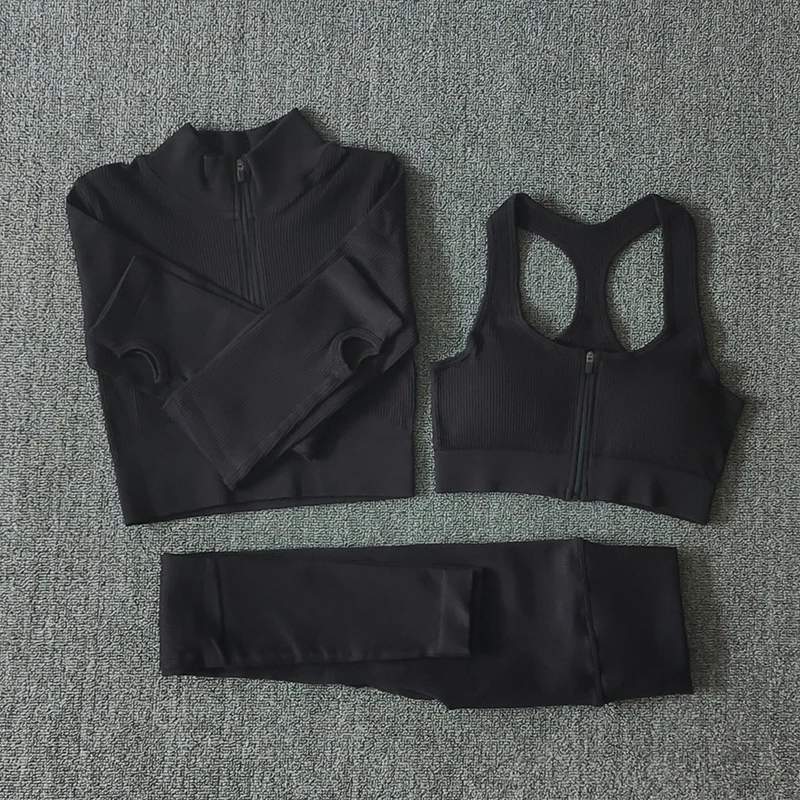 Seamless Women Yoga Set Workout Sportswear Gym Clothing Zipper Long Sleeve High Waist Leggings Fitness Bra Athletic Sports Suits