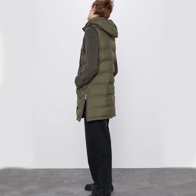 Koop Ladyfirsy ZA Herfst Winter Mode Katoenen Vest Vrouwen Kraag Hooded Zipper Pocket Mouwloze Losse Dikke Warme Katoenen Vest Jas