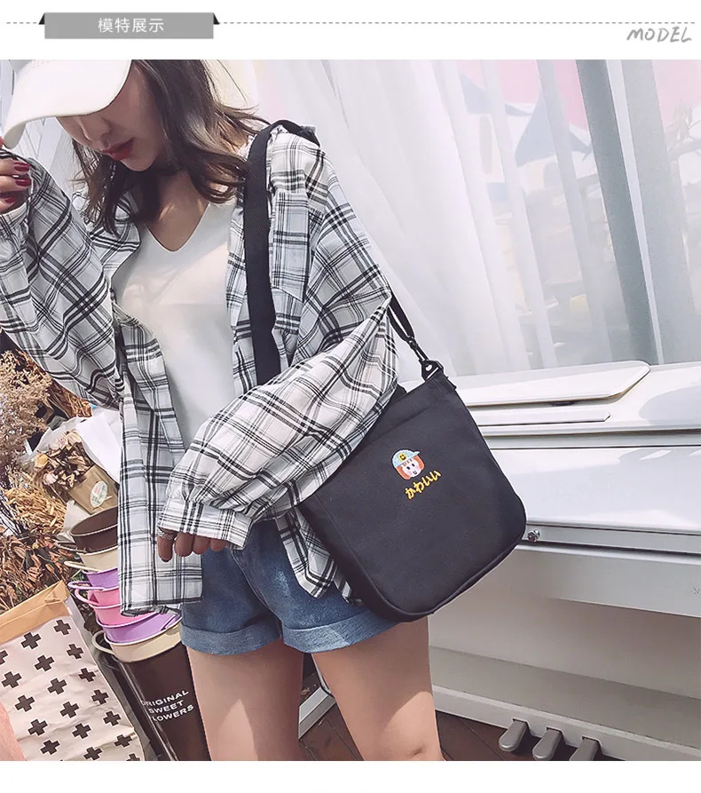 Summer Japanese-style INS Casual One Shoulder Canvas Bag Schoolbag Cute Embroidered Pattern Shopping Bag