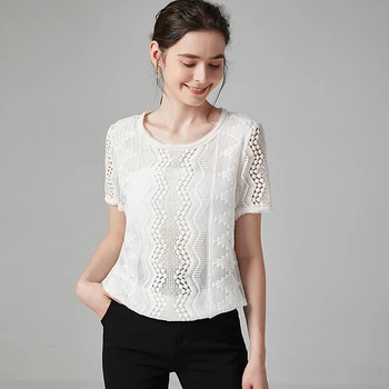

High Quality 100% Silk Blouse Women Shirt Solid Vintage Lace Design O Neck Short Sleeves Graceful Style New Fashion