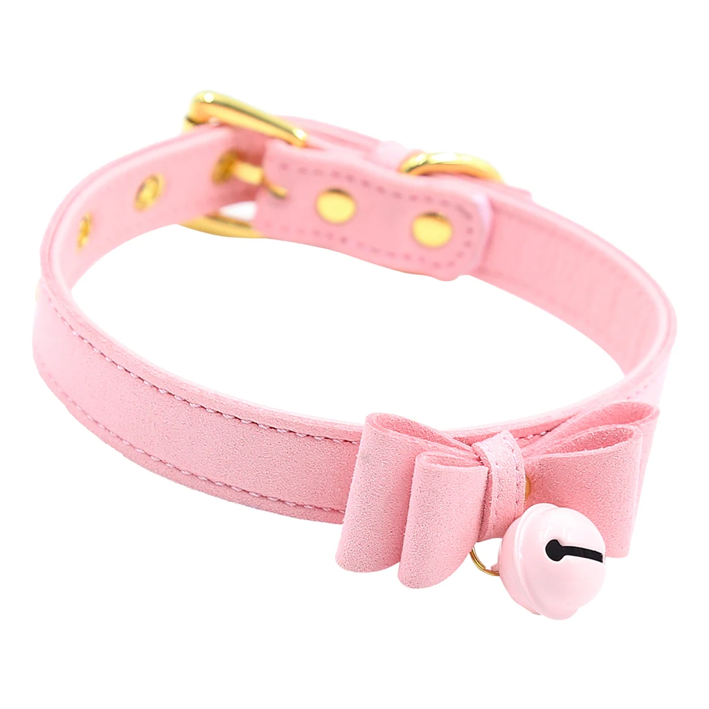 PU Leather Bow Collar Necklace Choker with Bell Cosplay Kitty Necklace Pink