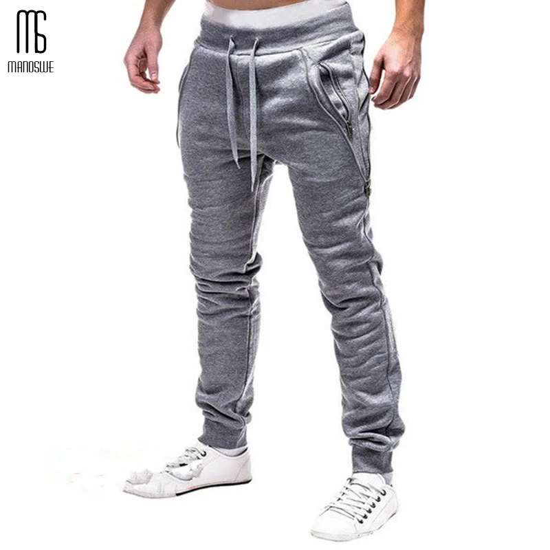 Light gray Manoswe мужские трендовые одноцветные спортивные брюки на молнии со шнурком, зимние закрытые модные спортивные теплые брюки-карандаш со средней талией - Цвет: Light gray