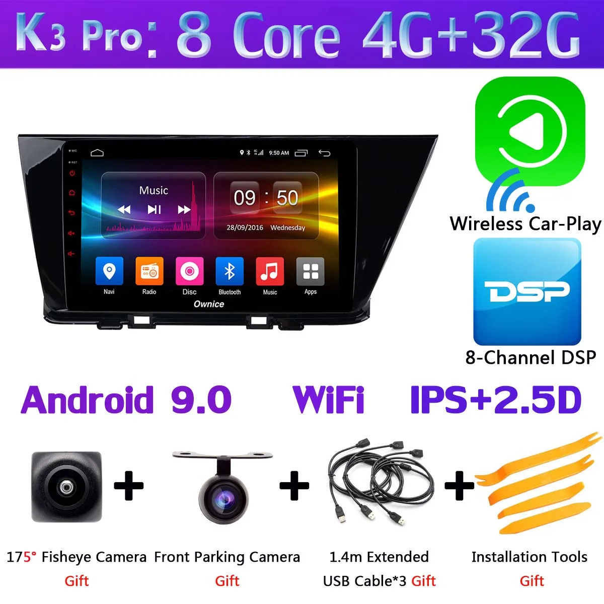 Панорамная камера 360 ° 4 × камера 4G LTE Android 9,0 8 ядер 4G+ 64G SPDIF DSP CarPlay Автомобильный gps радио плеер для Kia Niro - Цвет: K3 Pro CarPlay