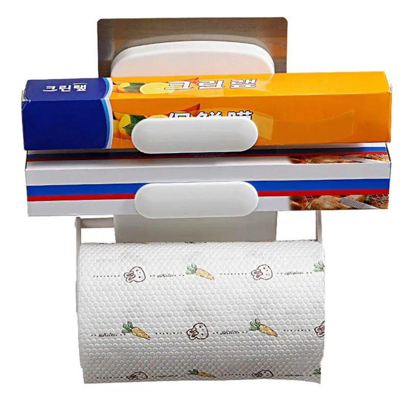 3 in 1 Cling Film Storage Rack Retractable Roll Paper Holder Wall-mounted Tinfoil Organizer