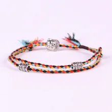 Буддистский плетеный браслет, счастливая веревка тибетское серебро ручной работы, голова Будды, простые браслеты двуслойные, регулируемые, смешанные цвета