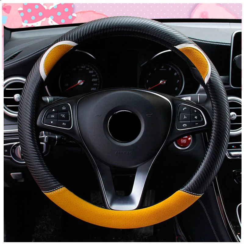 yellow Карбоновый кожаный чехол на руль автомобиля для Renault Megane 2 Duster Clio Honda Civic Fit VW touareg mk7 MK5 Mazda 3 6 CX5 - Название цвета: yellow