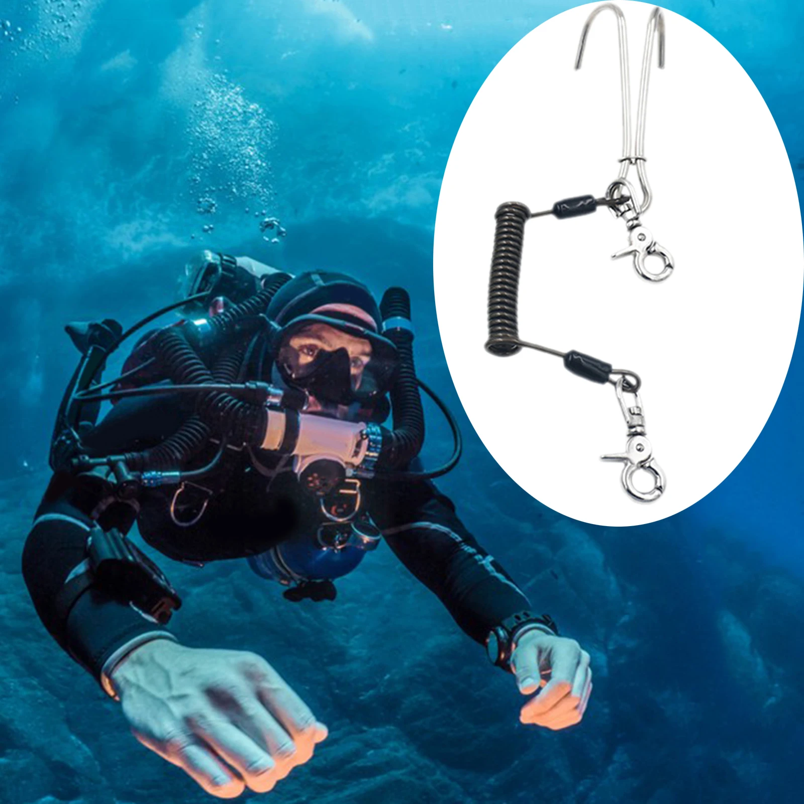 Scuba Diving Reef Hook ไนลอนปลอดภัยสาย Quick-Release Spiral Coil Lanyard  คู่สำหรับ Cave น้ำกีฬา