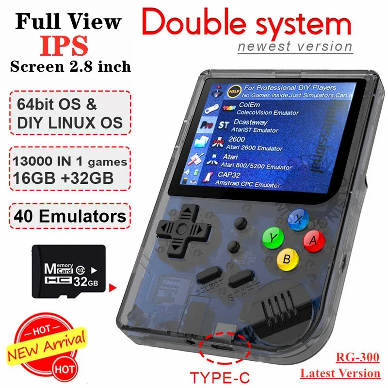 Latest Version 2.8 inch IPS Screen RG300 RetroFW OS Retro Game Console Double System Handheld Game Player Games Emulators inside