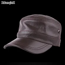 XdanqinX Adjustable Size Men's Genuine Leather Hat Army Military Hats Autumn Cowhide Leather Flat Caps For Men Snapback Cap