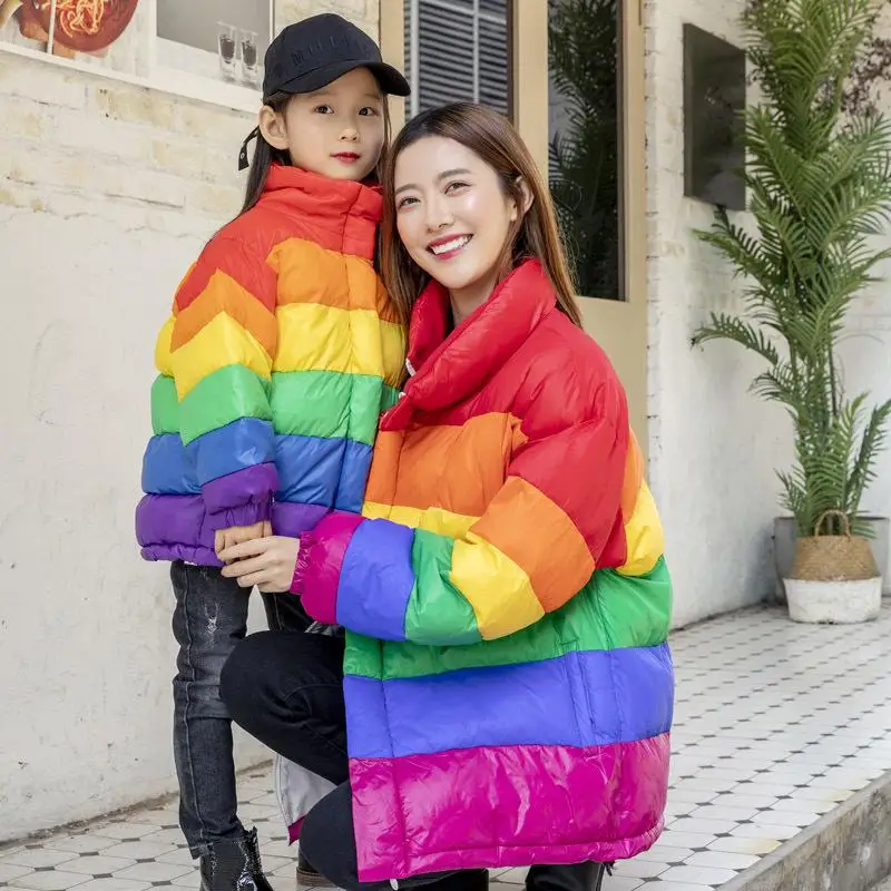 Mother Daughter Coats Mom Girls Cotton Padded Rainbow Jacket Winter Wam Family Look Outfits Clothes J566