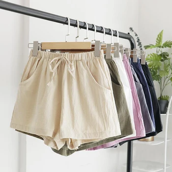 

Women Summer Flax Shorts Cotton linen Trousers High Waist Lady's Loose Comfortable Hot breeches Girls' Casual Garments C301901