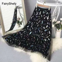 FairyShely осень зима черный тюль юбки женские бархатные плиссированные длинные юбки для дам эластичная высокая талия Павлин юбка миди