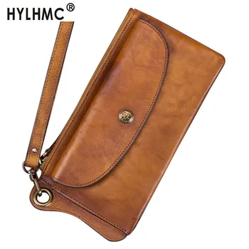 

Retro Leather Men's Wallet Card Holder Long Wallets Men Zipper card holder Purses First Layer Cowhide Thin Section 3 fold Male