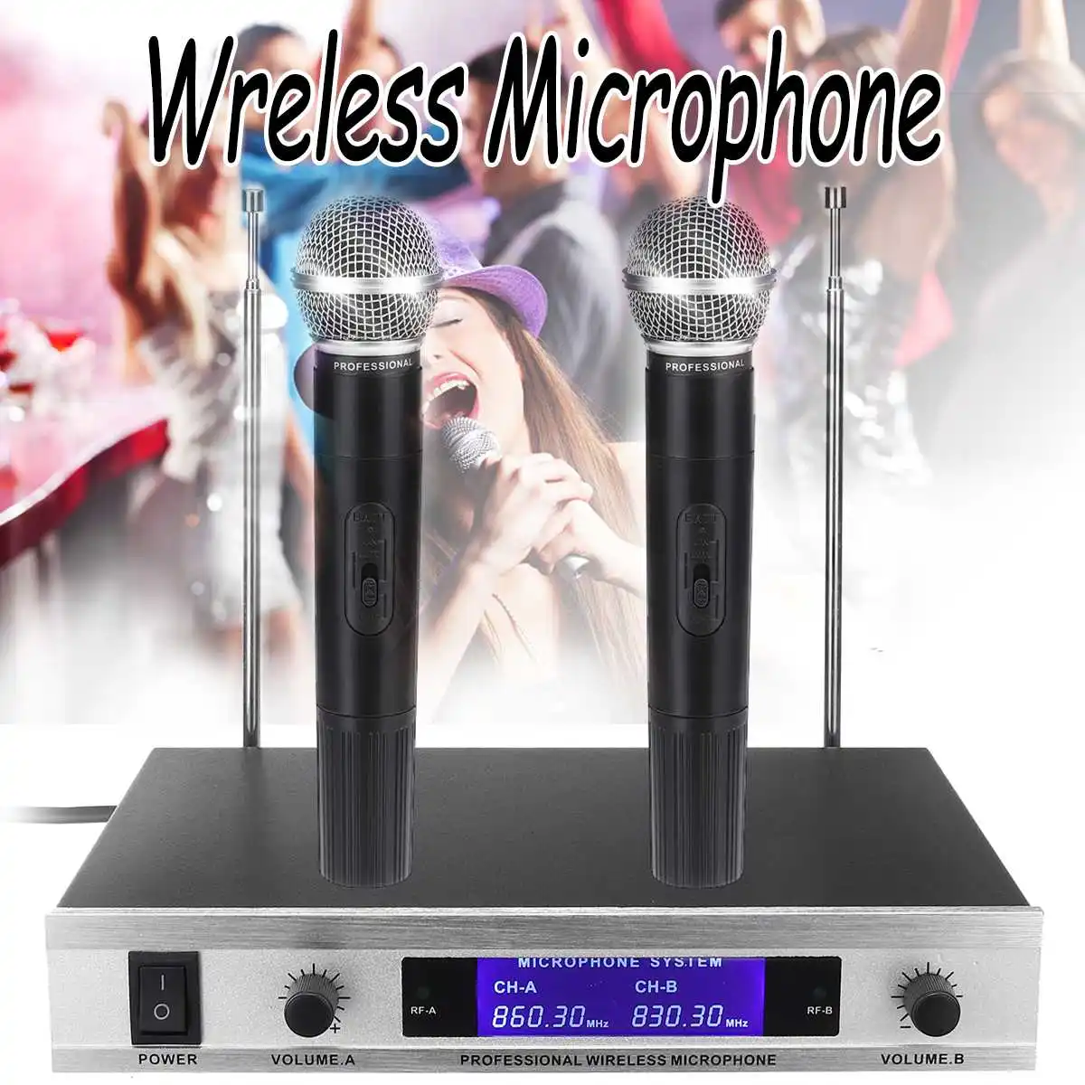 

VHF-280MHZ Professional Wireless Dual Microphone System Cordless Radio Handheld Mic Receiver Microphones Kit for Karaoke KTV