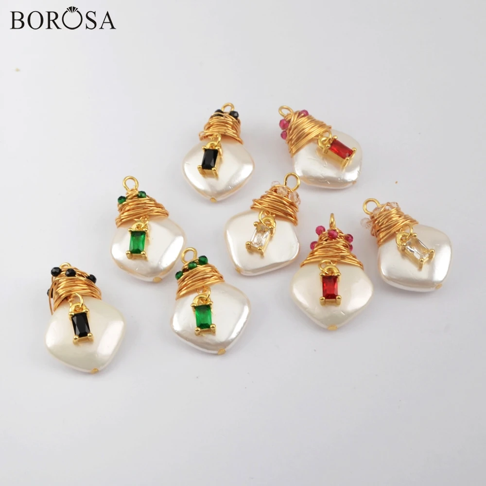 

BOROSA Square Natural Pearl Pendant Charms with Micro CZ Baroque Gold Wire Wrapped Pearl Pendant for Women Jewelry Making WX1273