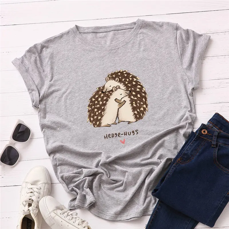 Женская футболка, Модный хлопковый топ размера плюс, футболка с принтом «Hedgehog Hug», женская футболка с круглым вырезом и коротким рукавом, harajuku, женские футболки
