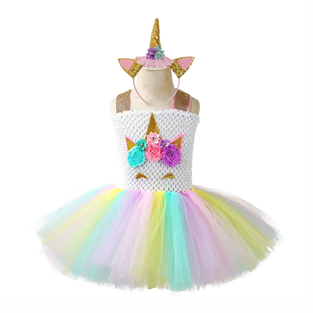 Unicorn Dress Set Повседневные Вечерние Платье-пачка из хлопка без рукавов с единорогом для девочек; Радужное платье в цветочек для девочек; платья для выпускного вечера для девочек на Хэллоуин - Цвет: Unicorn Dress Set