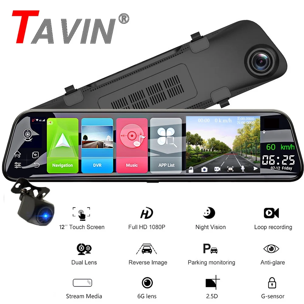  TAVIN 4G WIFI DVR Android 8.1 ADAS Dash Cam 12 Inch 1080P Touch Screen Rearview Camera Mirror GPS R