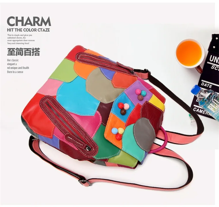 Leather Shoulder Bag Backpack large capacity splicing school bag Sheepskin Single Shoulder Travel Bag