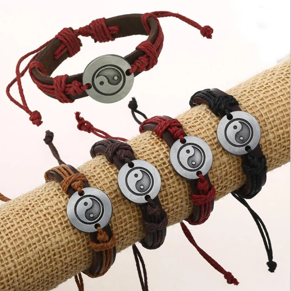 

Retractable Hand Made Braided Charm Bracelet Bangles Tai Chi Ying Yang Wristband Cuff Leather Bracelet For Men Women pulsera