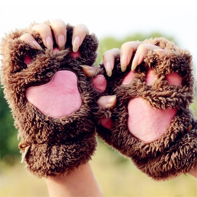 

Winter Warm Gloves Women Cute Cat Paw Claw Plush Mittens Short Finger Half Gloves Women Winter Fingerless Gloves