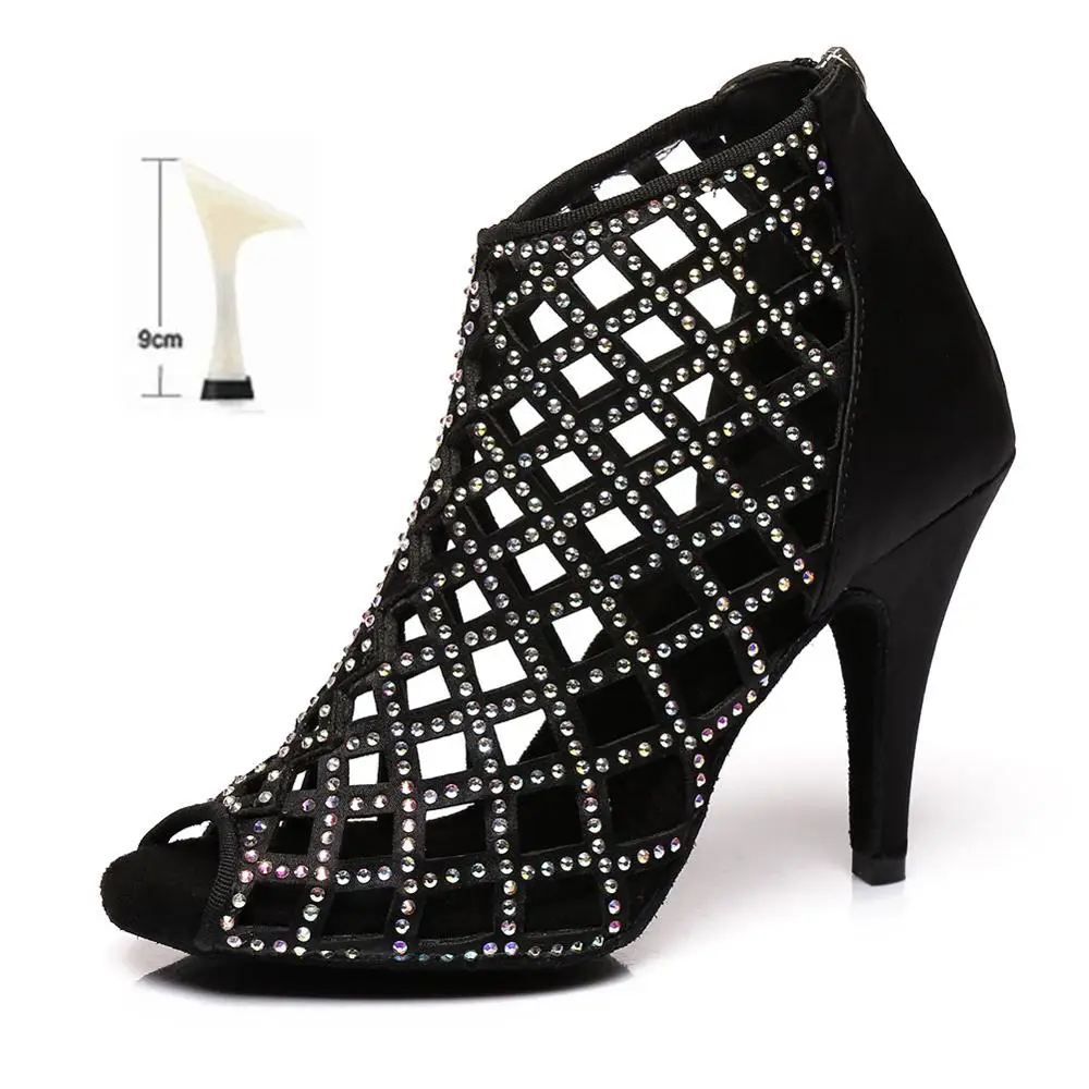 Обувь для латинских танцев для девочек, женские Стразы для бальных танцев, профессиональная обувь для сальсы, танго, вечерние туфли для танцев на высоком каблуке - Цвет: Black   9cm
