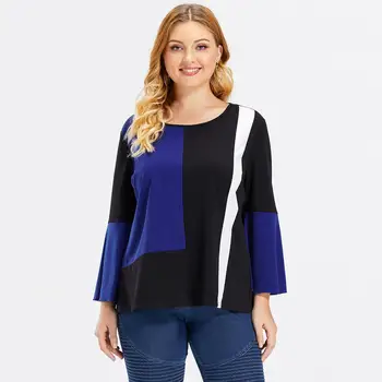 

2020 Women's Three-color Splicing Temperament Commuting T-shirt Female Spring Summer Long Sleeve Round Neck Casual Loose Top