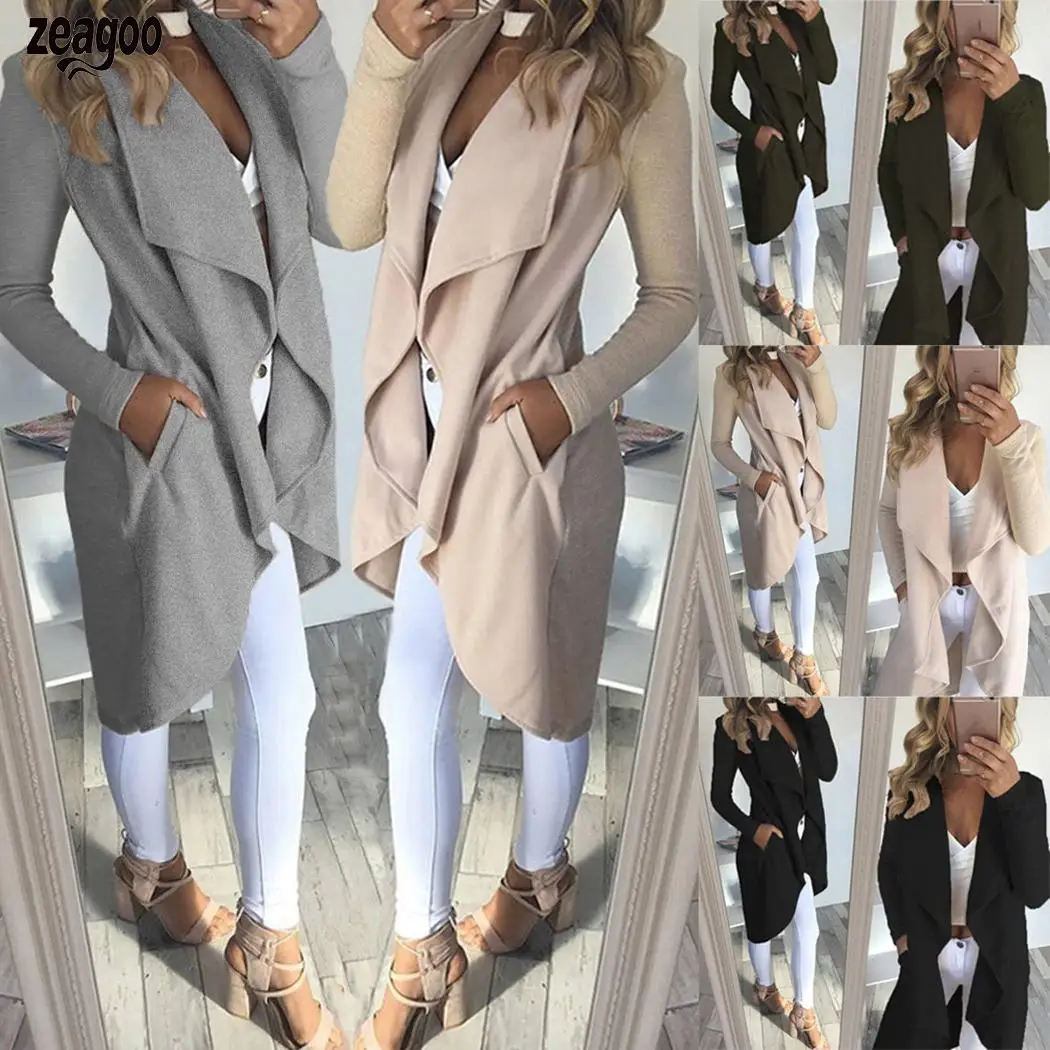 New Fashion Women Casual Turn-down Collar Solid Windbreaker with Belt Asymmetrical Hem Design, Front Open
