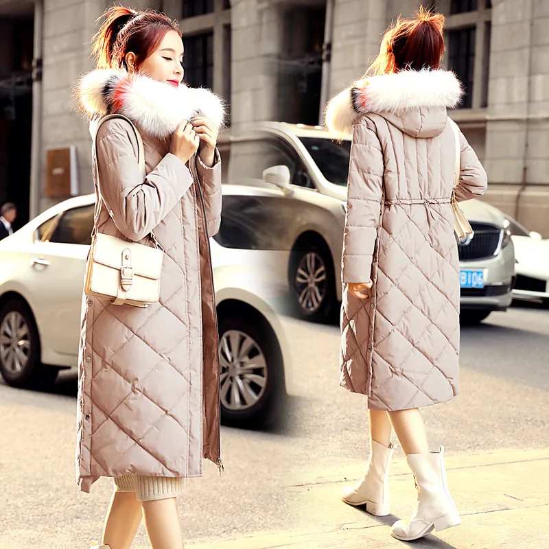 

Hooded Fashion Simple Slim Fit Pocket Corset Large Fur Collar Warm Comfortable 2018 Autumn & Winter Solid Color down Jacket