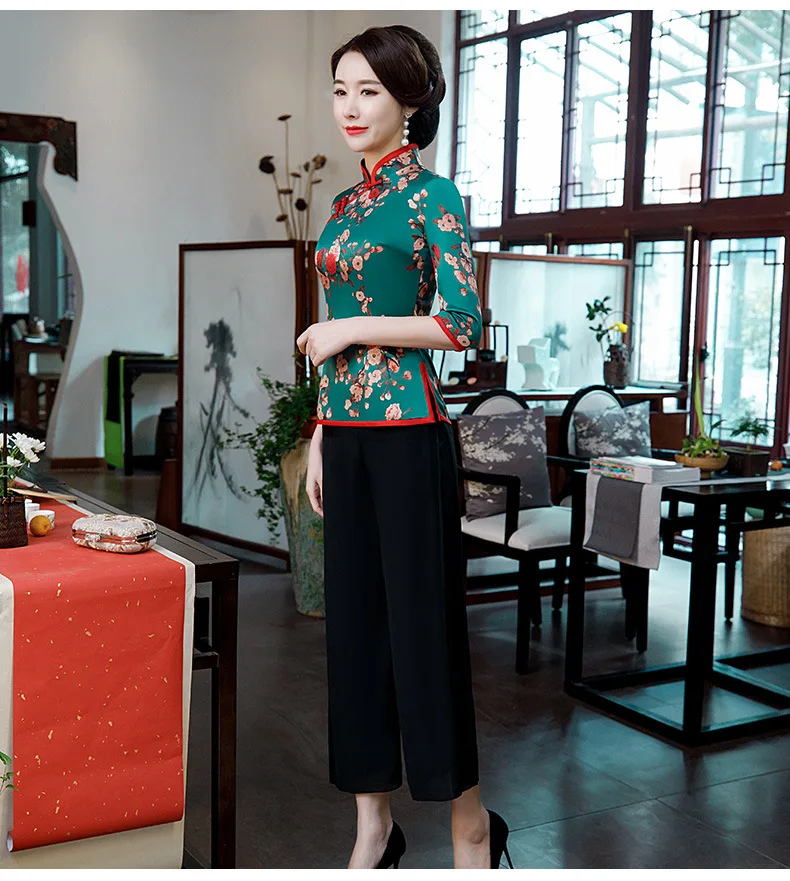 Spring new Tang suit cheongsam blouse improved fashion Chinese seven-point sleeve mother dress wedding banquet suit large 4XL