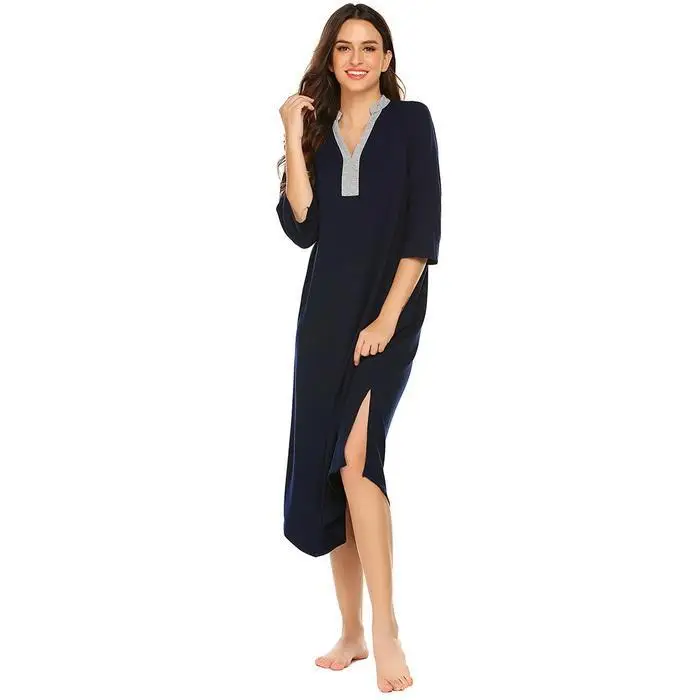 Ekouaer Длинное ночное платье пижамы женские пижамы с v-образным вырезом 3/4 рукав женское нижнее белье платье для сна женские ночные рубашки плюс размер