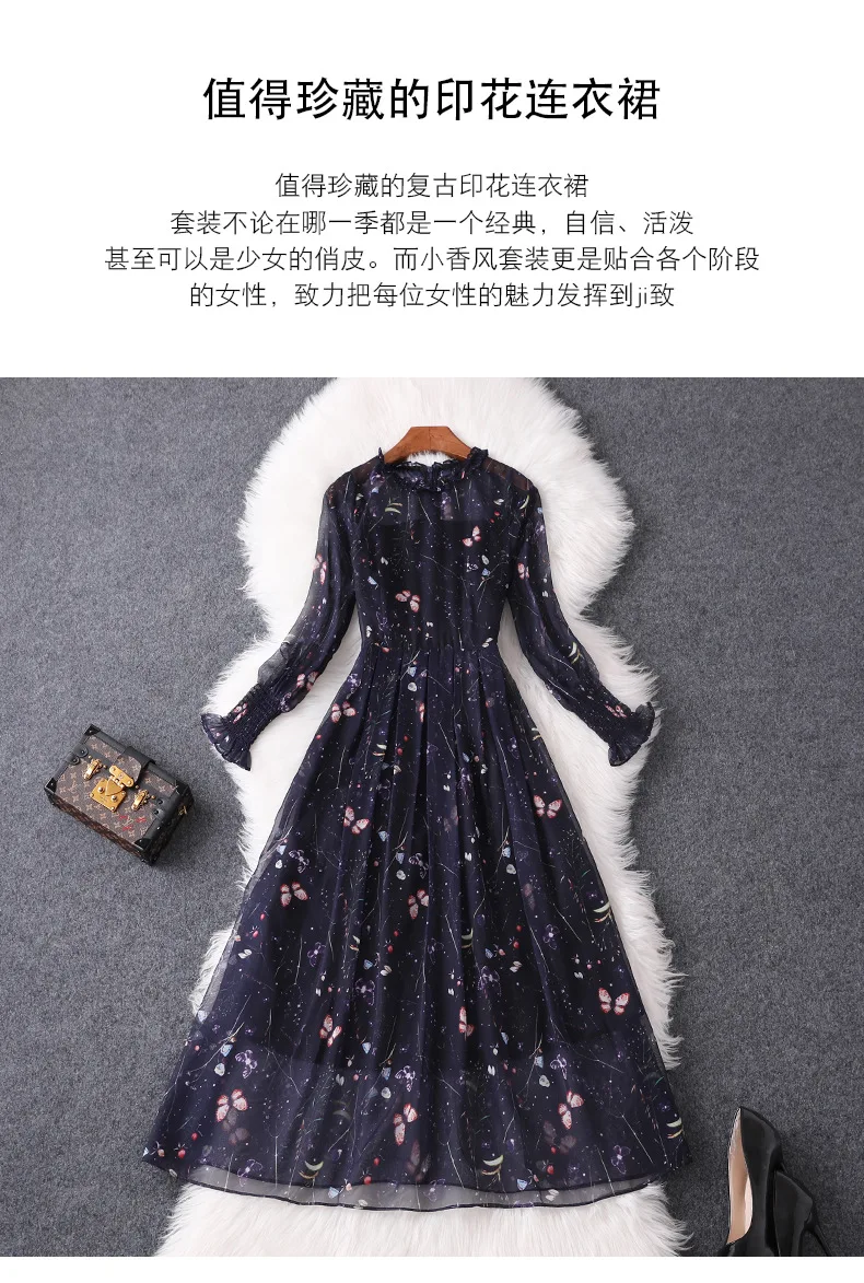 Женское шифоновое платье с длинными рукавами в Корейском стиле с цветочным принтом; плиссированные платья с принтом; лето ; темно-синий