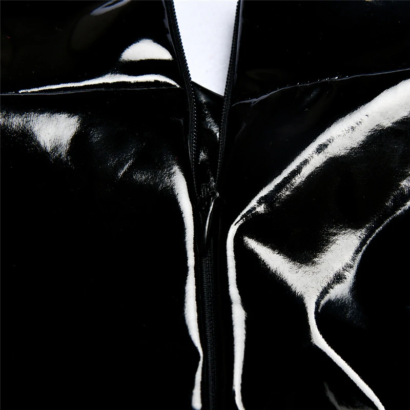 Black Wet Look Bodysuit Women O Neck Back Zipper Full Sleeve Patchwork High Cut Bodycon Jumpsuit Party Night Club Sexy Playsuit