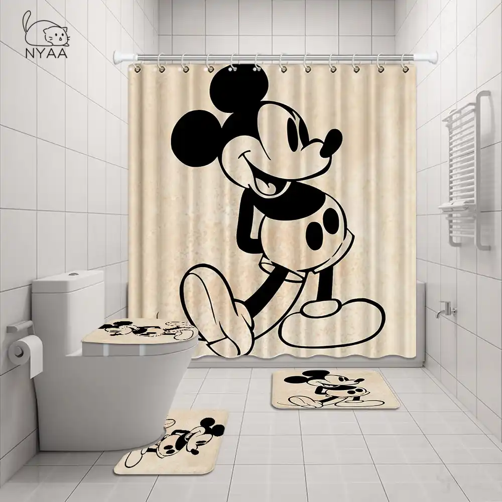 Nyaa 4 Pcs Minnie Mickey Shower Curtain Pedestal Rug Lid Toilet Cover Mat Bath Mat Set For Bathroom Decor Bathroom Accessories Sets Aliexpress