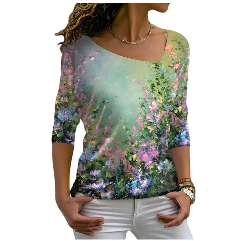 Floral Print T Shirt Women Boho Skew Collar Long Sleeve Tops Casual Fashion Street Ladies Pullover Cotton T Shirts Autumn Winter vintage t shirts