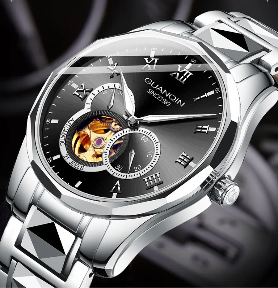 GUANQIN Japan MIYOTA Quartz Movement Automatic Mechanical Watch Men Luxury Tungsten Steel Push Button Hidden Clasp Male Clock