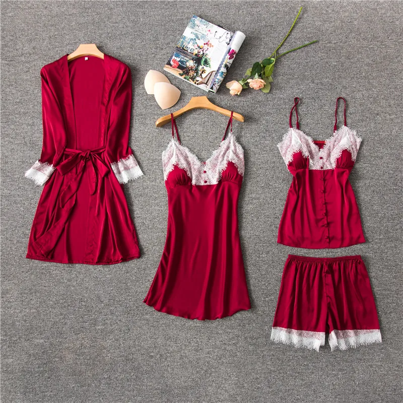 

QWEEK 2019 Summer Japanese-style Thin Silk Sleepwear Women Sexy Spaghetti Strap Robe Pyjamas Four Piece Cardigan Satin Pijamas