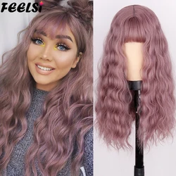 Deep Wave Purple Wig With Bangs Synthetic Hair Wigs With Bang Wig For Women Wig Violet Color Heat Resistant Wigs 24”Cosplay
