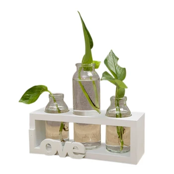 

HOT SALE Nordic Wooden Crafts Creative 3 Holes Glass Hydroponic Vase Decoration Letter LOVE Desktop Vase Home Garden Decoration